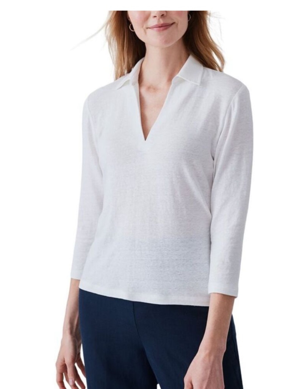 J. McLaughlin Aida White V-Neck Collared Long Sleeve Knit Linen Top